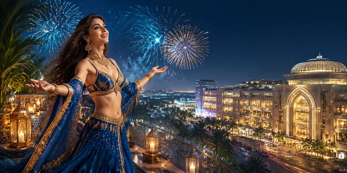 View of Delhi cityscape with Bollywood cinema lights